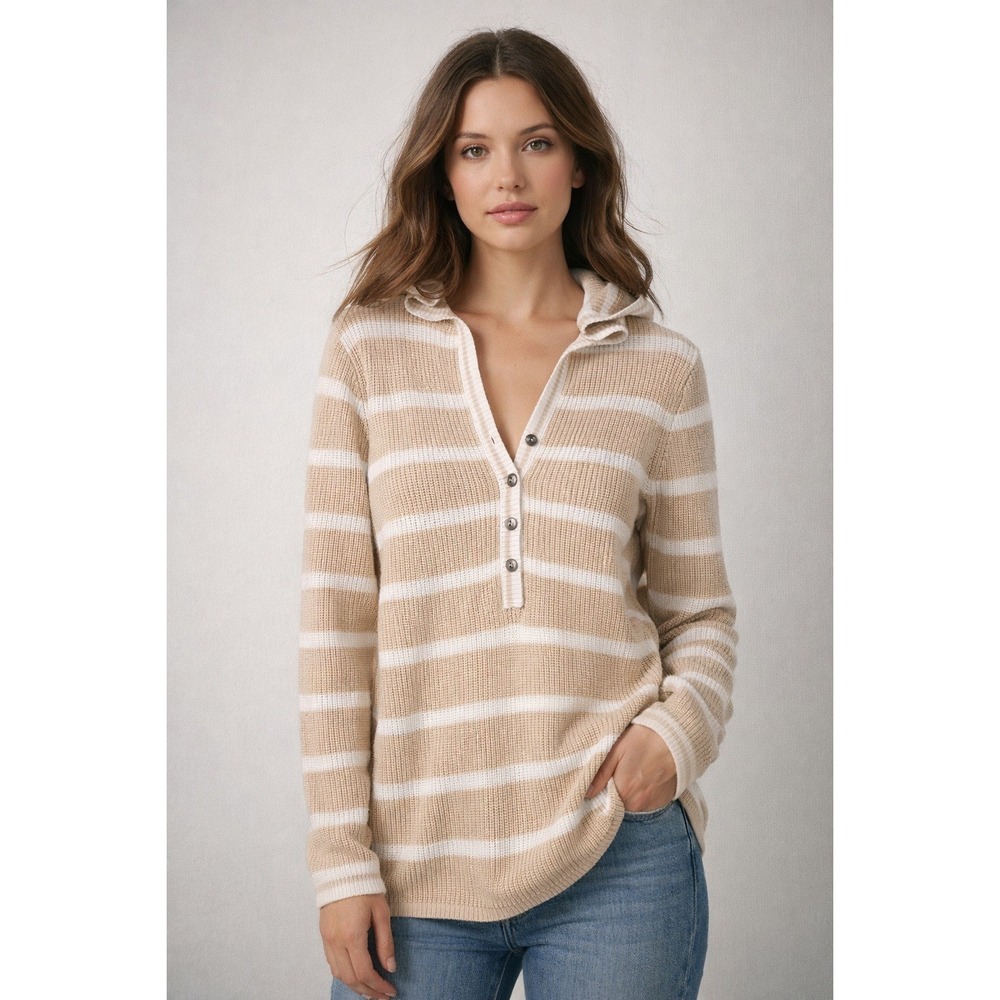 Chicos Tan White Striped Cotton Henley Hoodie Sweater Size 3 Large XL
